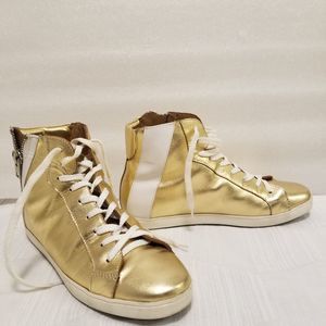 Pour La Victoire Leather Gold Metallic Luxury High Top Sneaker Women's 8